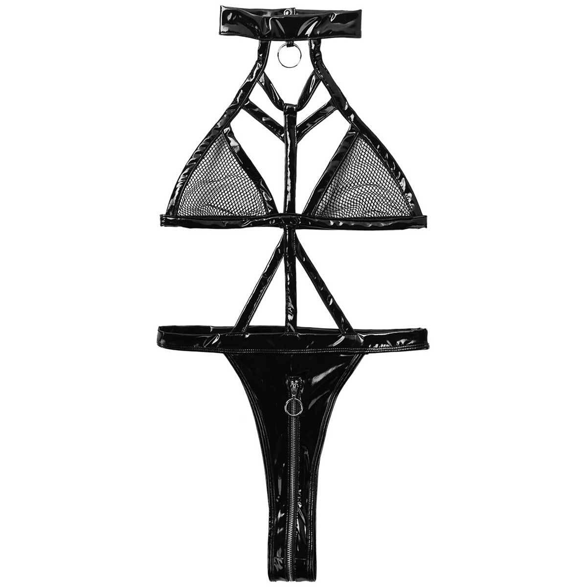 Lila Zen SM PU Lila Zen Sexy patent leather SM lingerie for women, alluring PU mesh patchwork hollow bodysuit