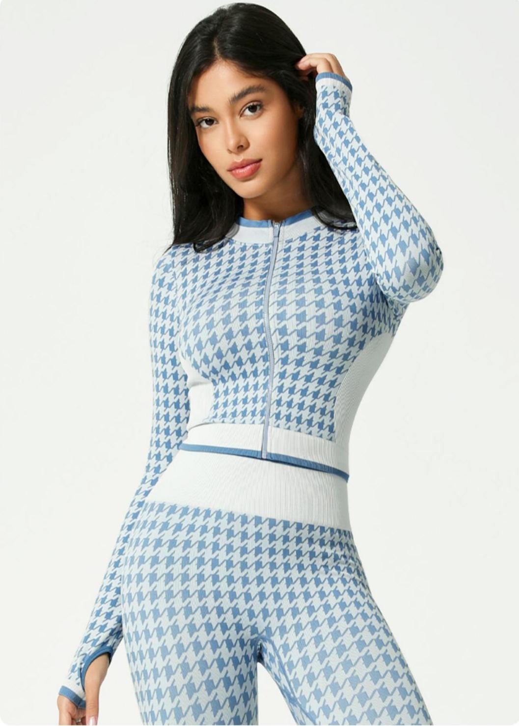 Lila Zen Seamless Houndstooth Print Zip-Up Cardigan Yoga Jacket