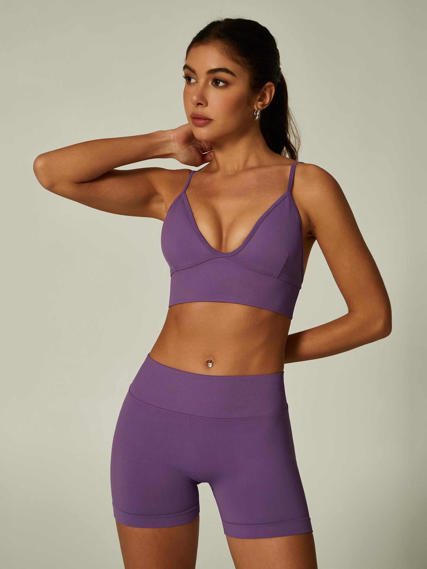 Lila Zen V Lila Zen Seamless Ribbed Sexy Deep V Sports Bra and Shorts Yoga Set