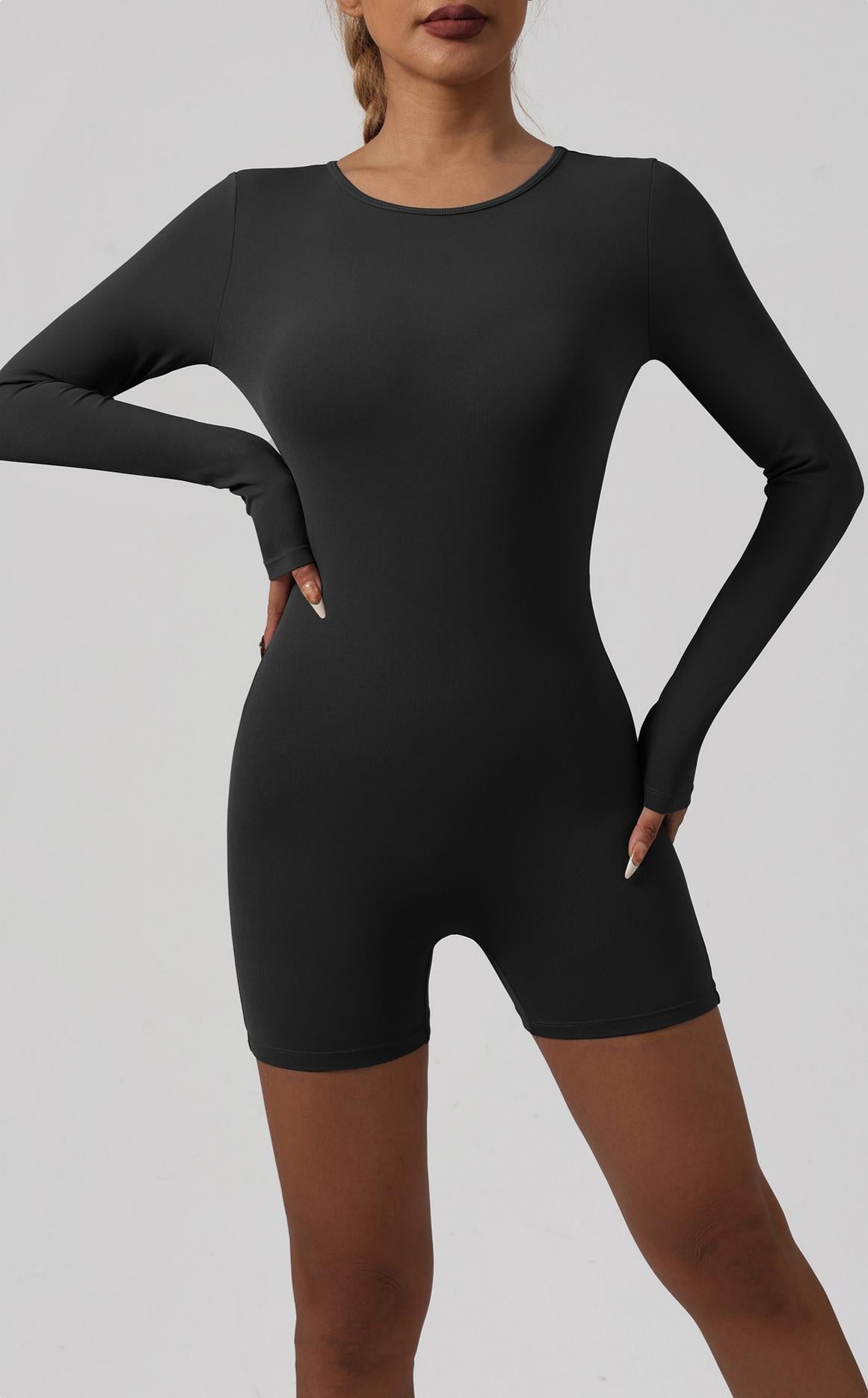 Lila Zen Sexy Backless Long-Sleeved Bodycon Yoga Bodysuit Shorts