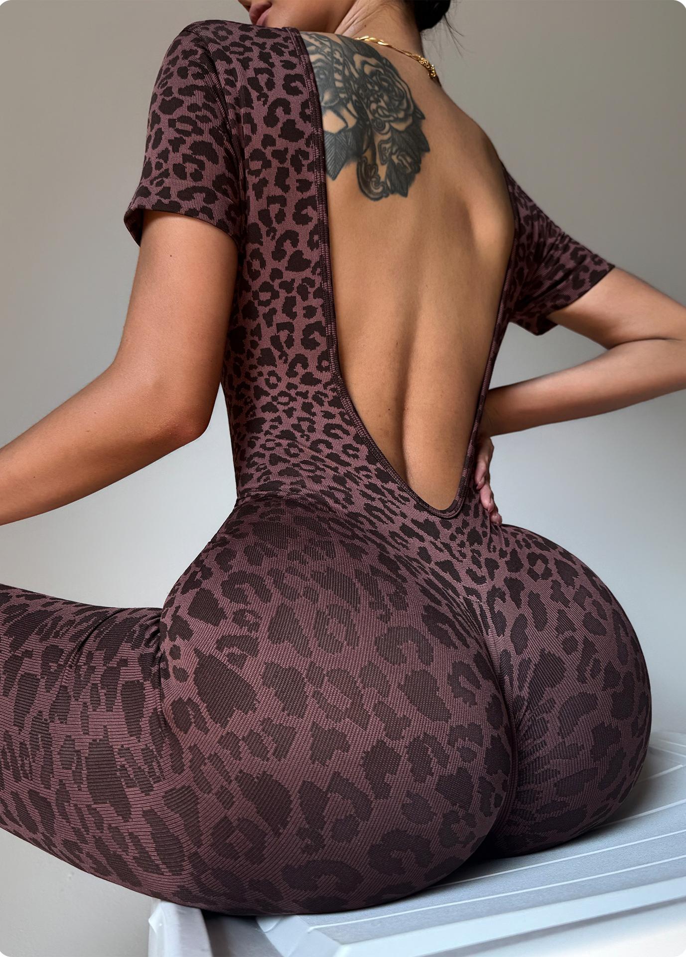 Lila Zen Fashion Leopard Print Sexy Open Back Seamless Slimming Sports Yoga One-Piece Bodysuit