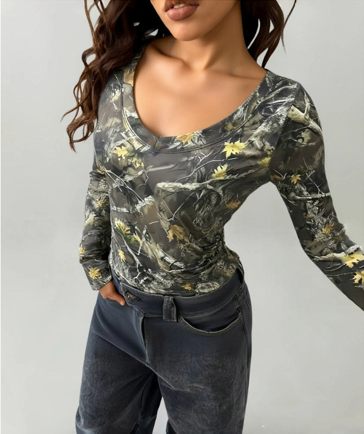 Lila Zen T Lila Zen Retro Maple Leaf Print Side-Ruffled Waist-Slimming Yoga T-Shirt