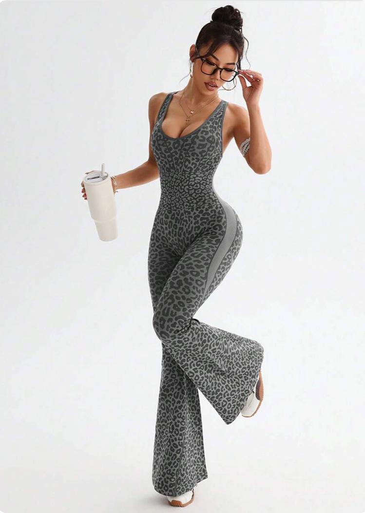 Lila Zen Leopard Print Crossback Flared Jumpsuit Yoga Pants
