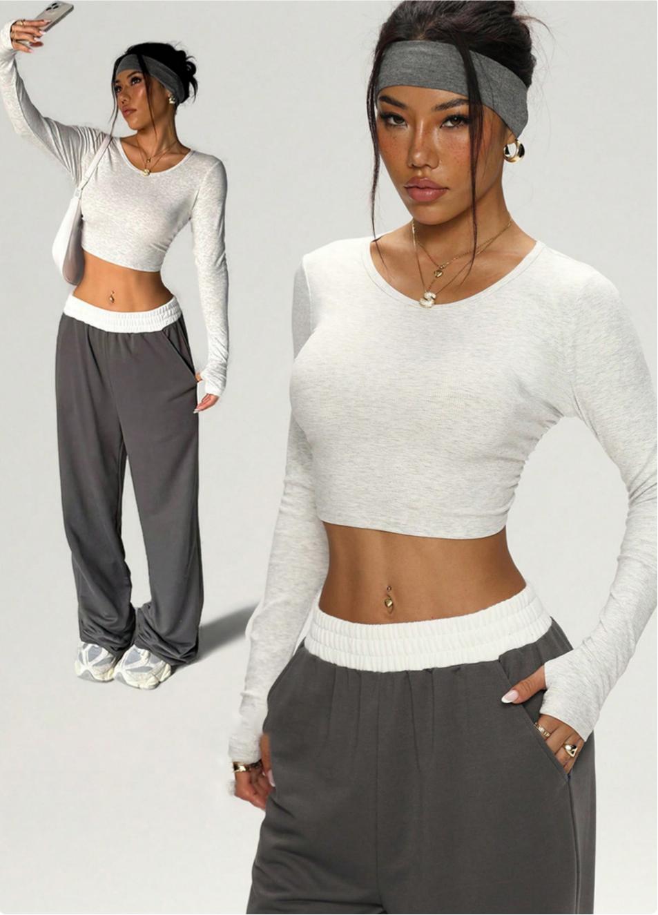 Lila Zen Casual Cropped Short-Sleeved Yoga Set with Wide-Leg Pants