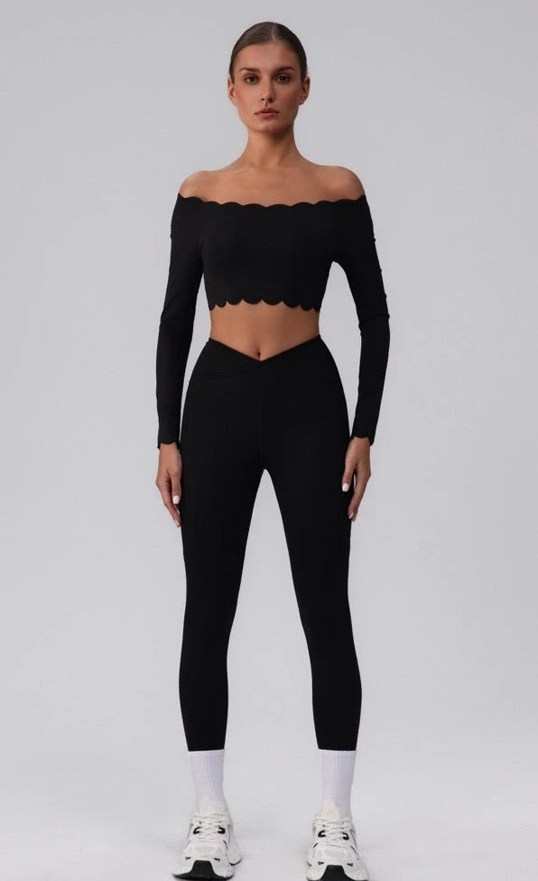 Black Scalloped Crop Top & Leggings Activewear Set