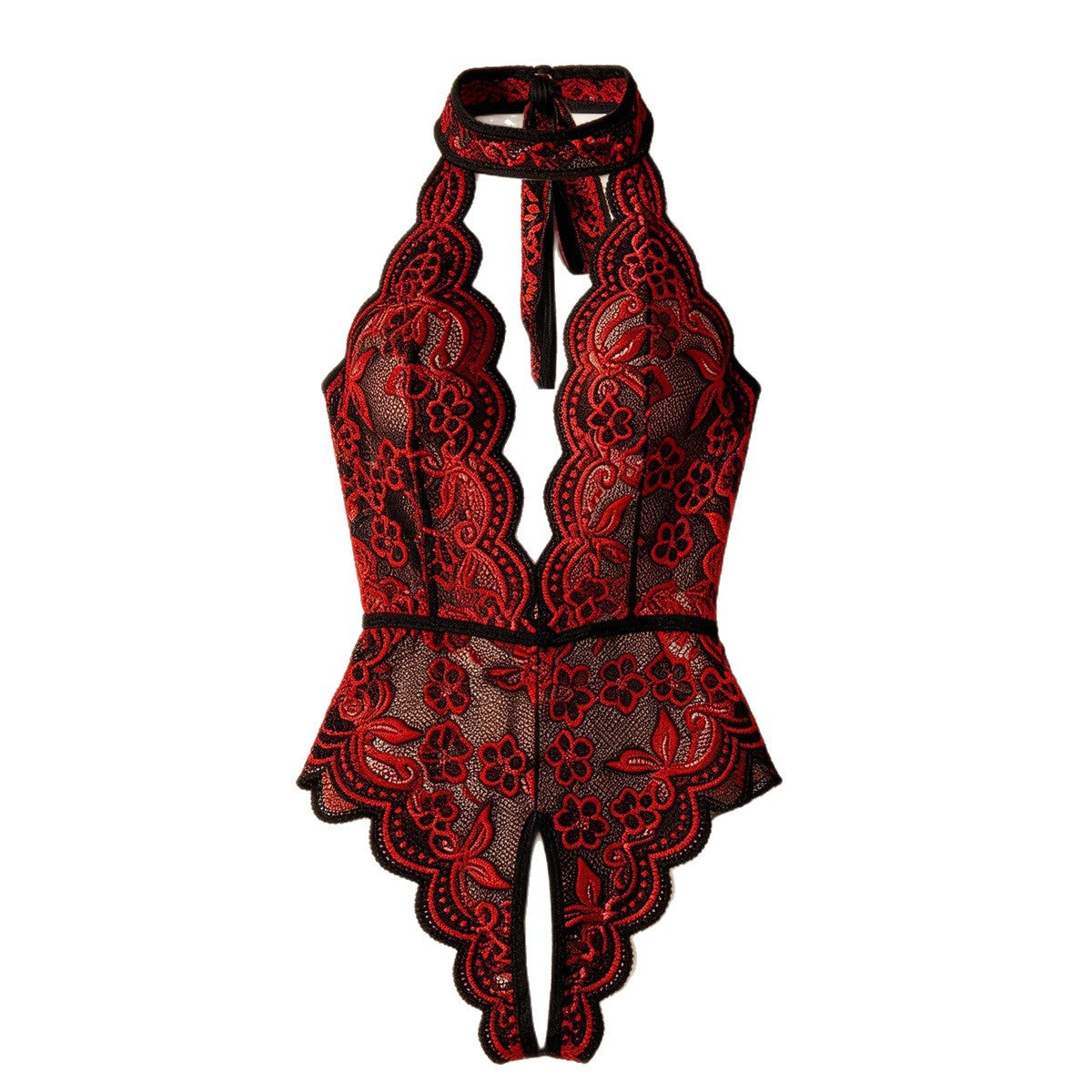 Sexy Red Black Lace Halter Bodysuit