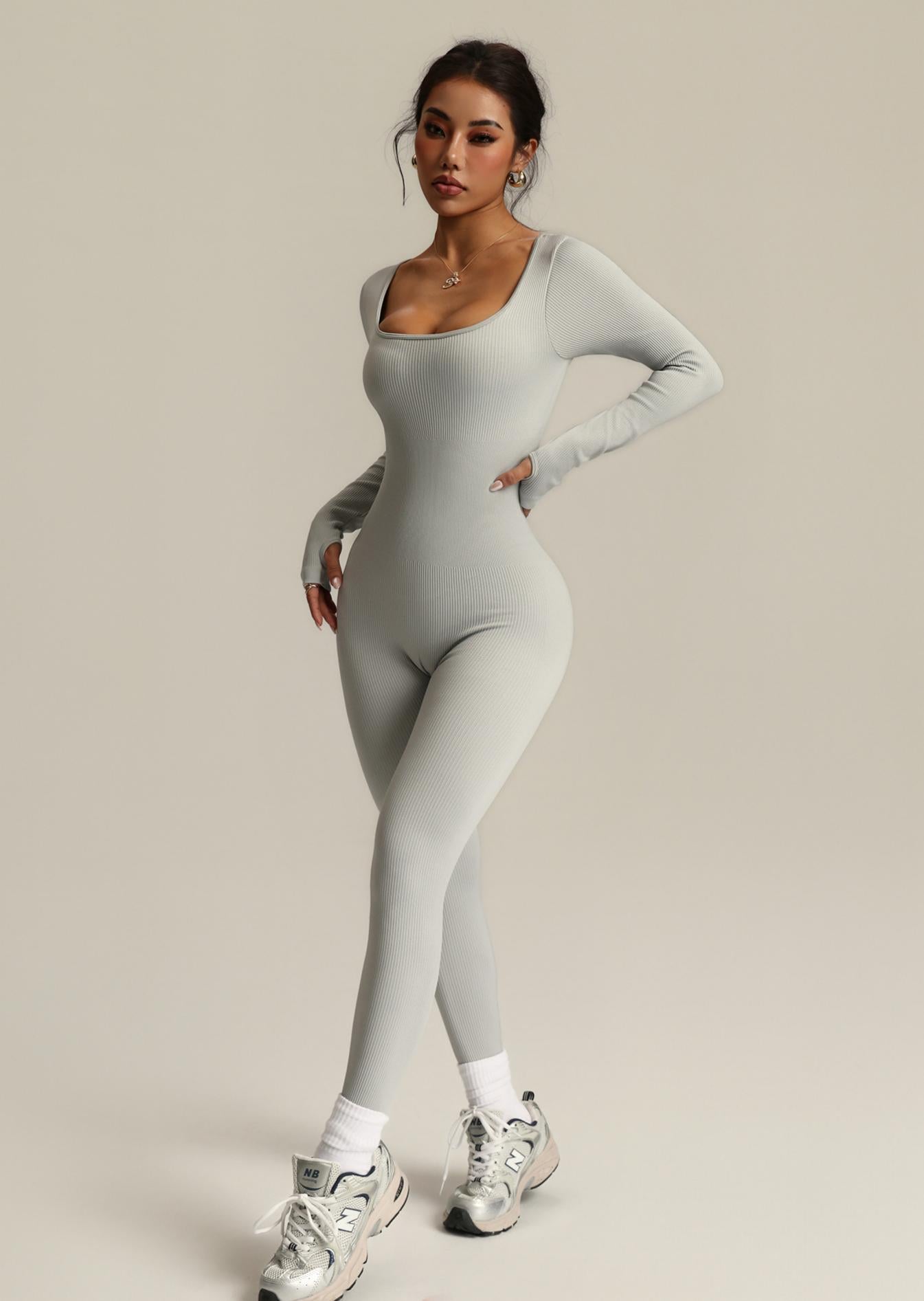 Lila Zen Seamless Square Neckline Drawstring Backless Long-Sleeved Bodysuit Yoga Suit