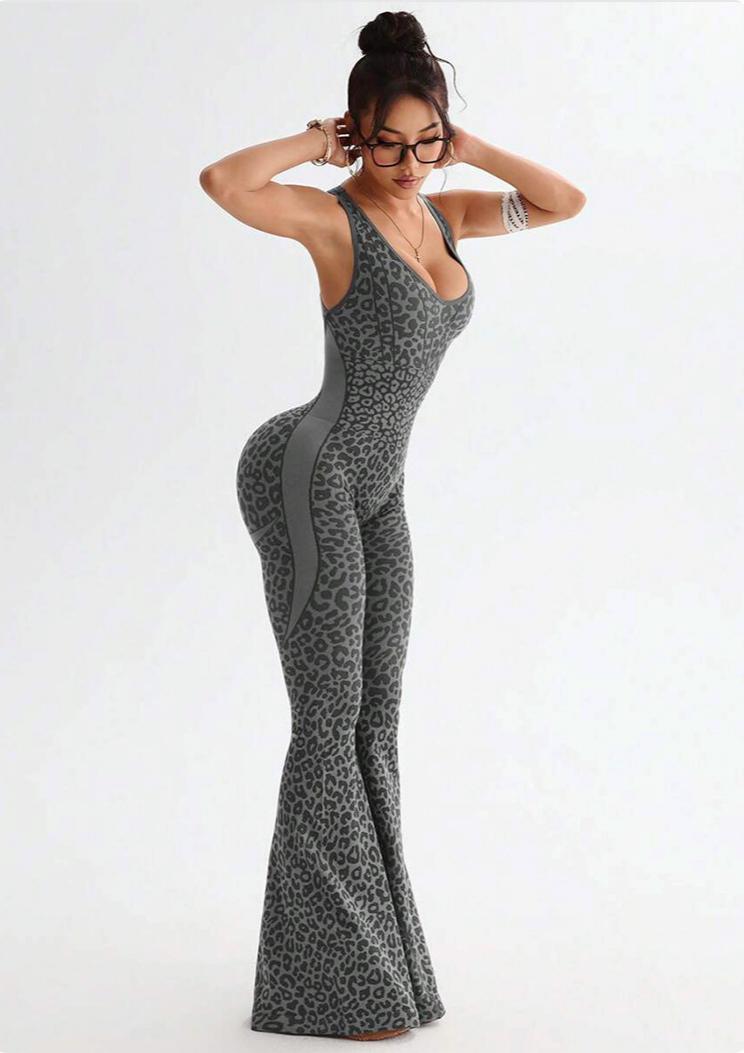 Lila Zen Leopard Print Crossback Flared Jumpsuit Yoga Pants
