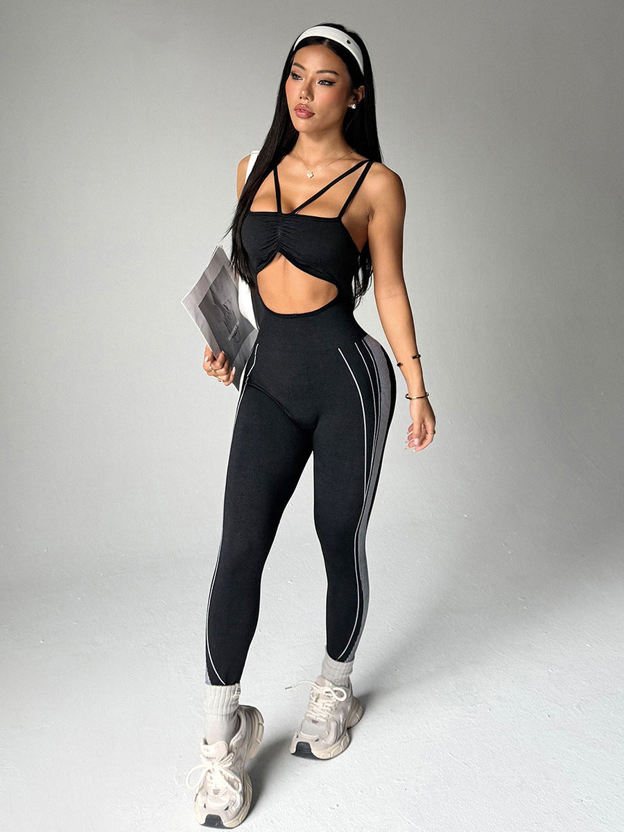 Lila Zen Women's Color-Blocked Side Striped Cutout Yoga Bodysuit with Double Shoulder Straps