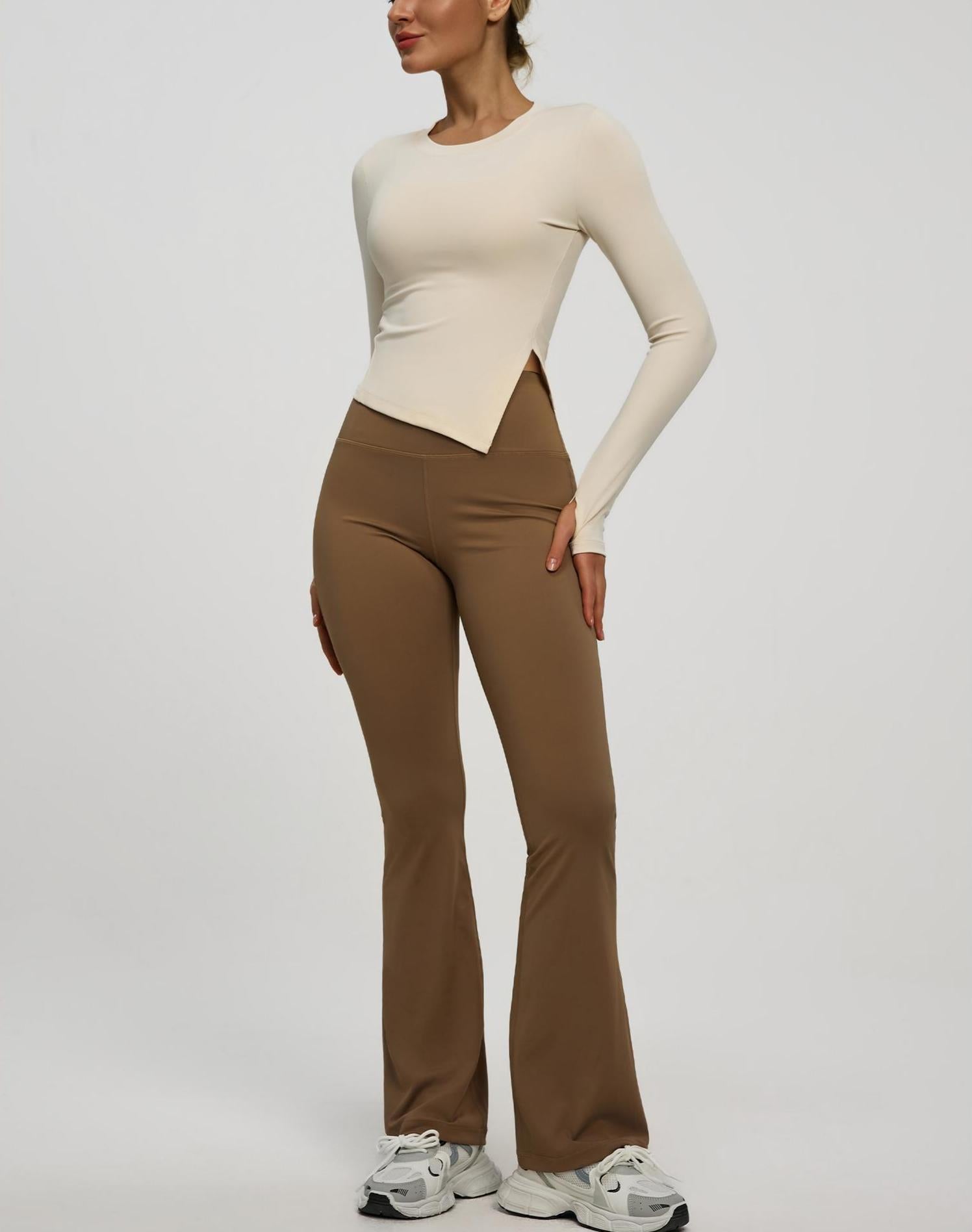 Lila Zen Round Neck Slim Fit Long Sleeve Yoga Top with Slit Hem