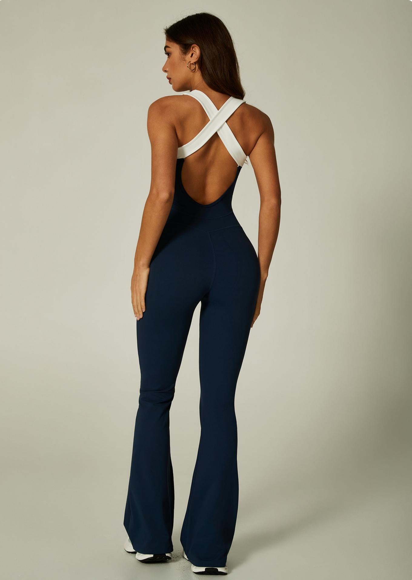 Lila Zen V Lila Zen Color-Blocked Wide-Ripped V-Neck Crossover Back Flare Jumpsuit