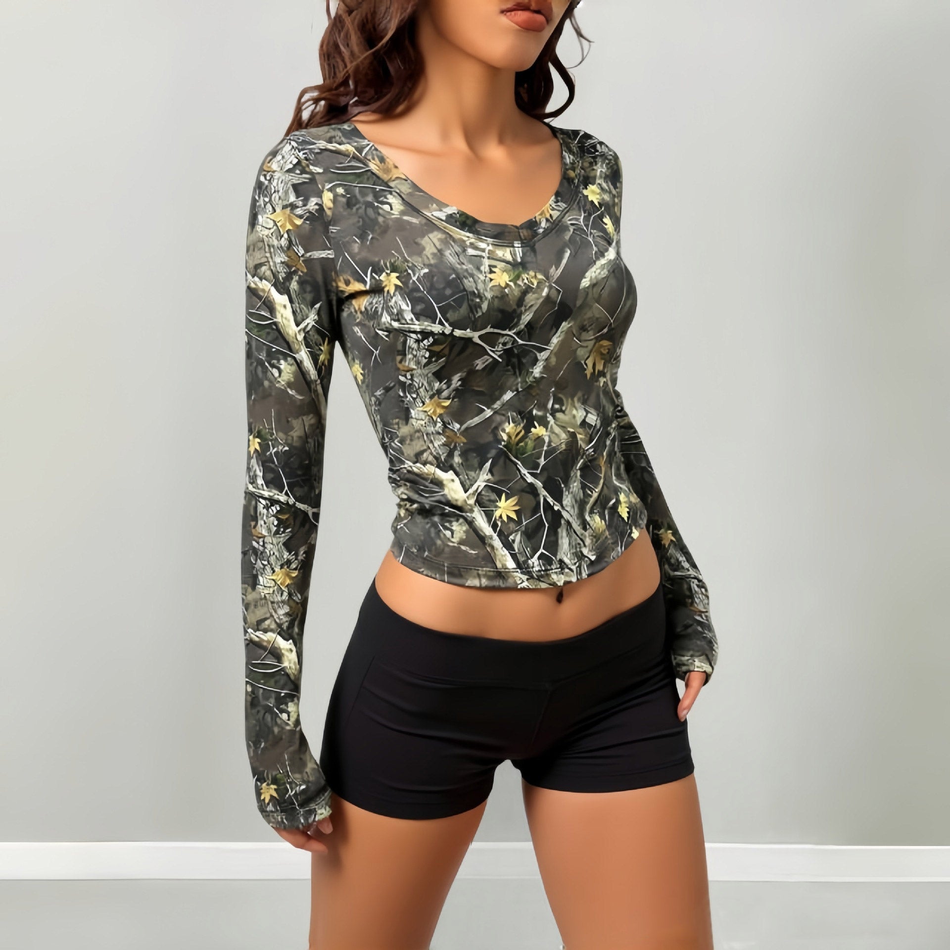 Lila Zen T Lila Zen Retro Maple Leaf Print Side-Ruffled Waist-Slimming Yoga T-Shirt
