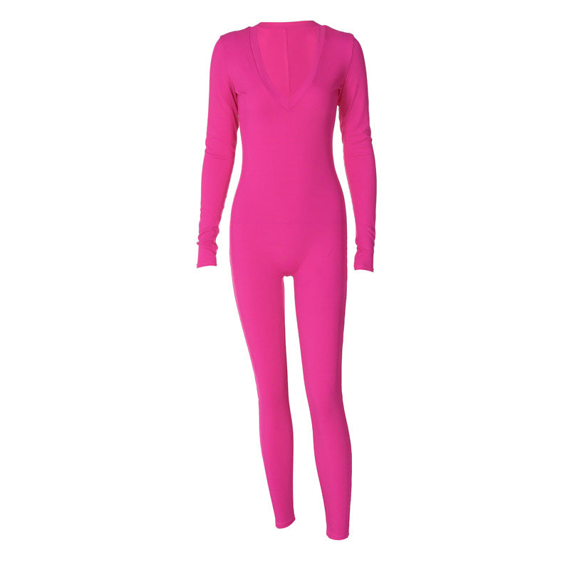 Casual Ribbed Deep V-Neck Long Sleeve Skinny Jumpsuit