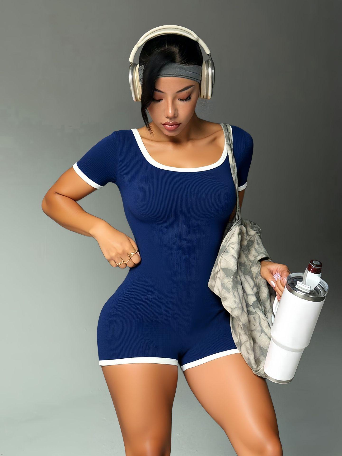 Lila Zen Sexy Slim Fit Square Neck Ribbed Color Block Short Sleeve Yoga Bodysuit