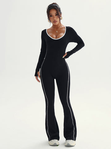 Lila Zen Seamless Striped Color Block One-Piece Yoga Wear with Crossback Flare Pants Fitness Apparel