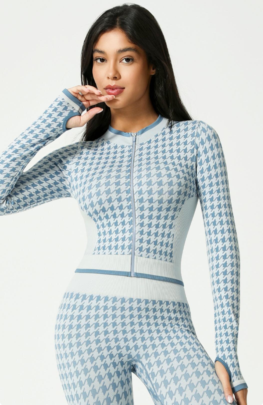 Lila Zen Seamless Houndstooth Print Zip-Up Cardigan Yoga Jacket