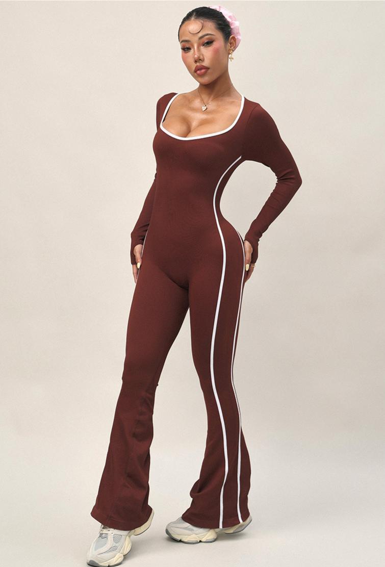 Lila Zen U Lila Zen One-Piece U-Neck Backless Color-Blocked Sports Flare Leggings Yoga Bodysuit