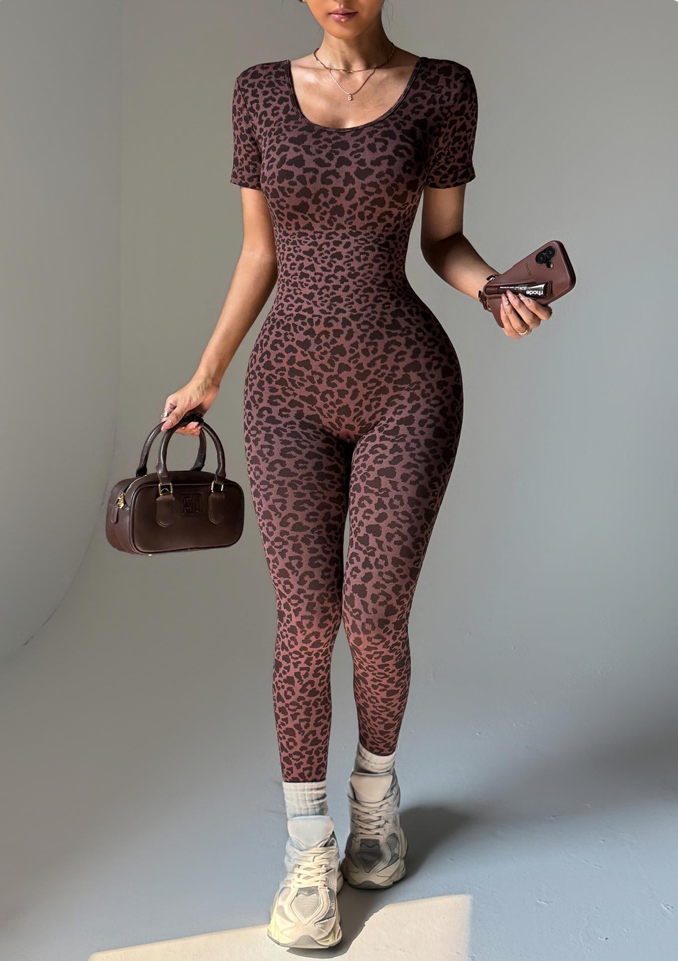 Lila Zen Fashion Leopard Print Sexy Open Back Seamless Slimming Sports Yoga One-Piece Bodysuit