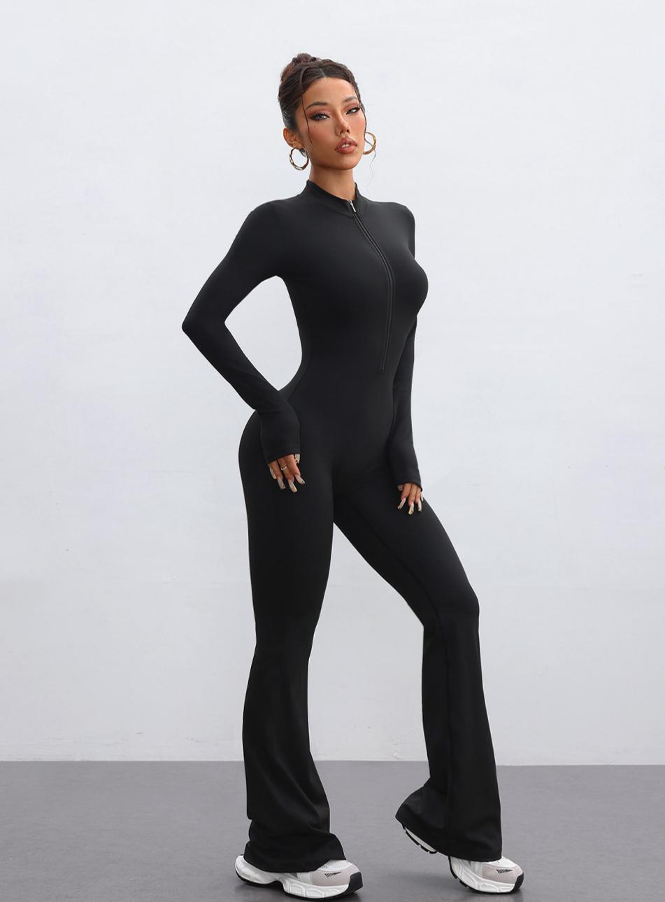 Lila Zen Stand Collar Zipper Sexy Peach Hip Tight Fitness Yoga Jumpsuit Flare Pants