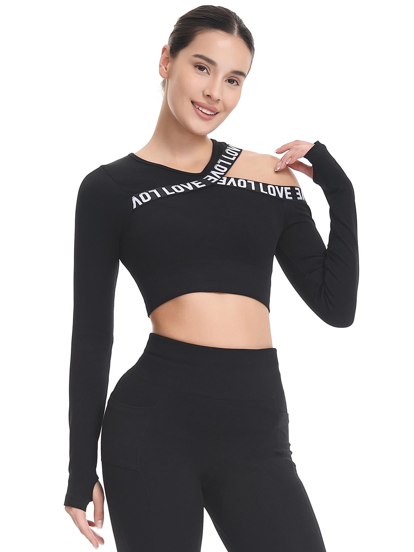 Asymmetrical Off-Shoulder Long-Sleeve Yoga Top with Letter Print