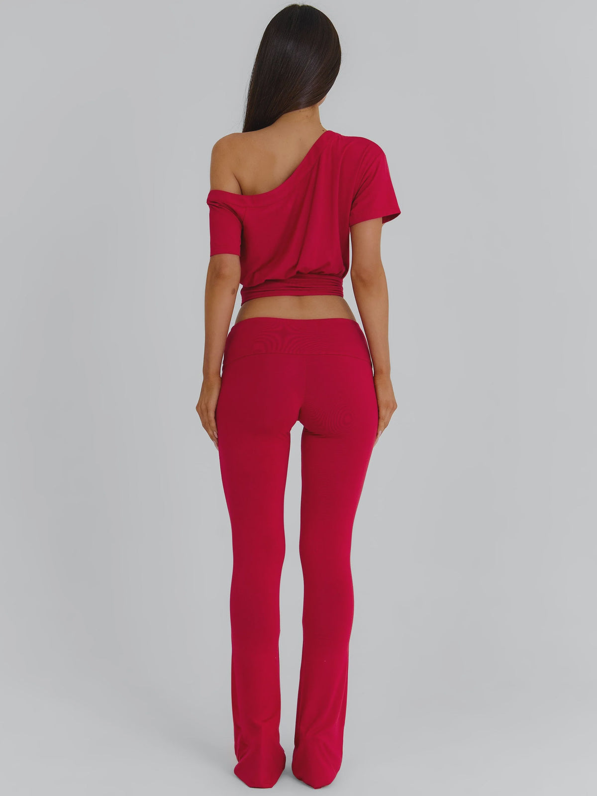 Red Off-Shoulder Deep V Top & Flare Pants Set