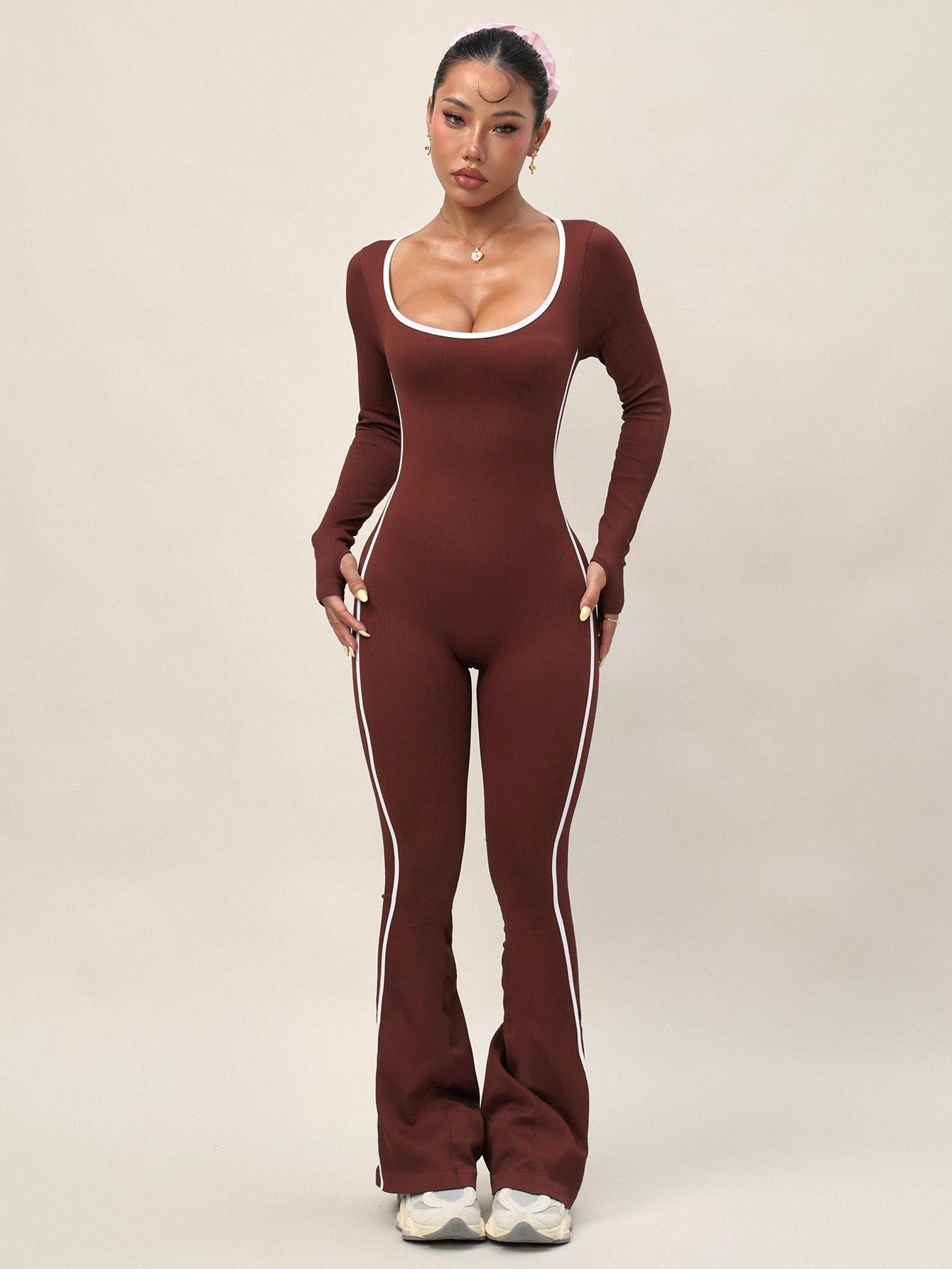 Lila Zen U Lila Zen One-Piece U-Neck Backless Color-Blocked Sports Flare Leggings Yoga Bodysuit
