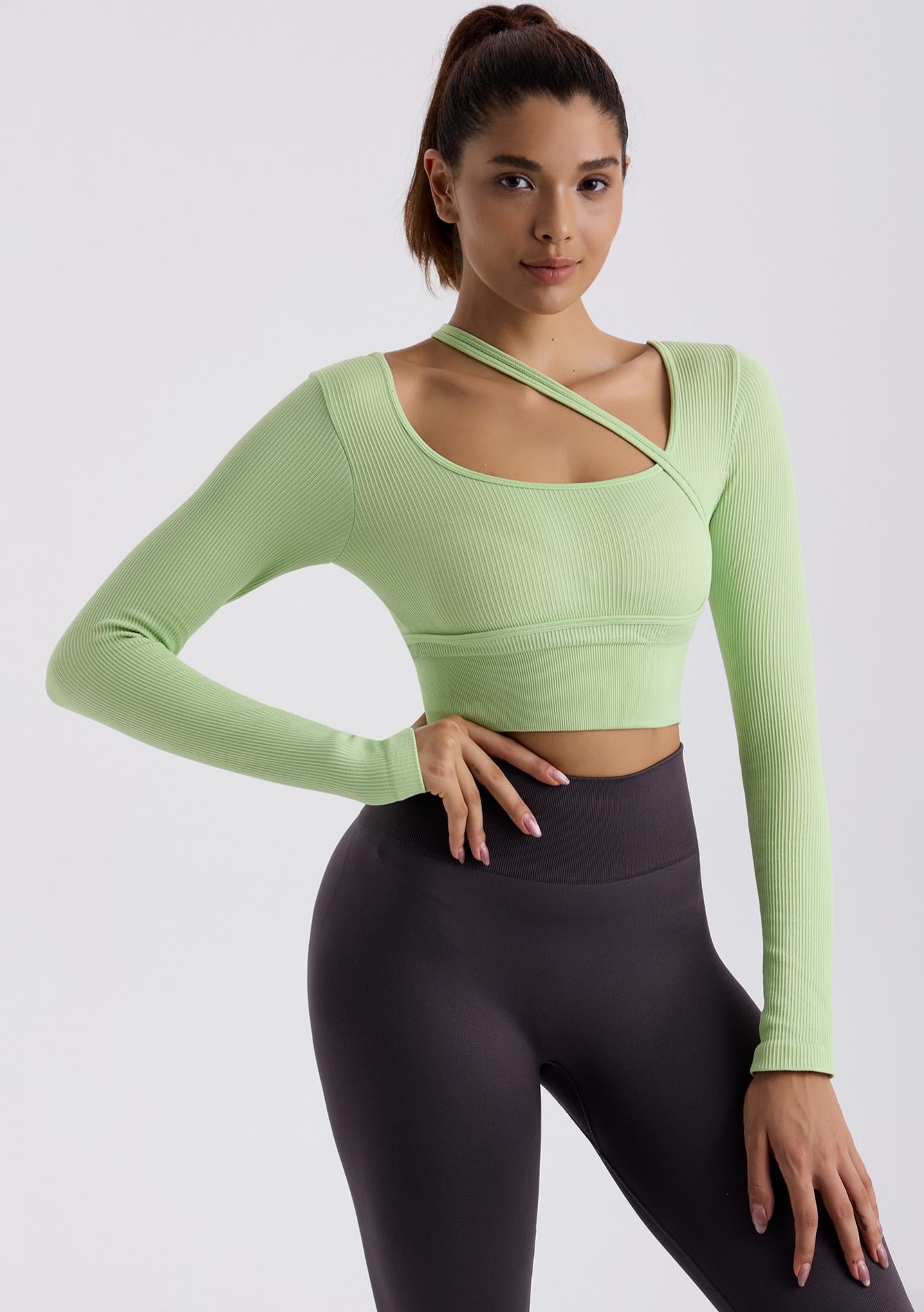 Lila Zen - Lila Zen Women's Ribbed Cross-Shoulder Long Sleeve Top - Crop Design Fitted Style, Yoga Workout & Daily Wear