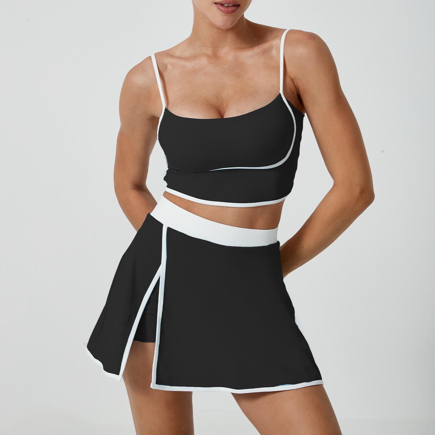 Lila Zen Women's color-blocked two-piece workout outfit, including a tennis skirt and a backless bra