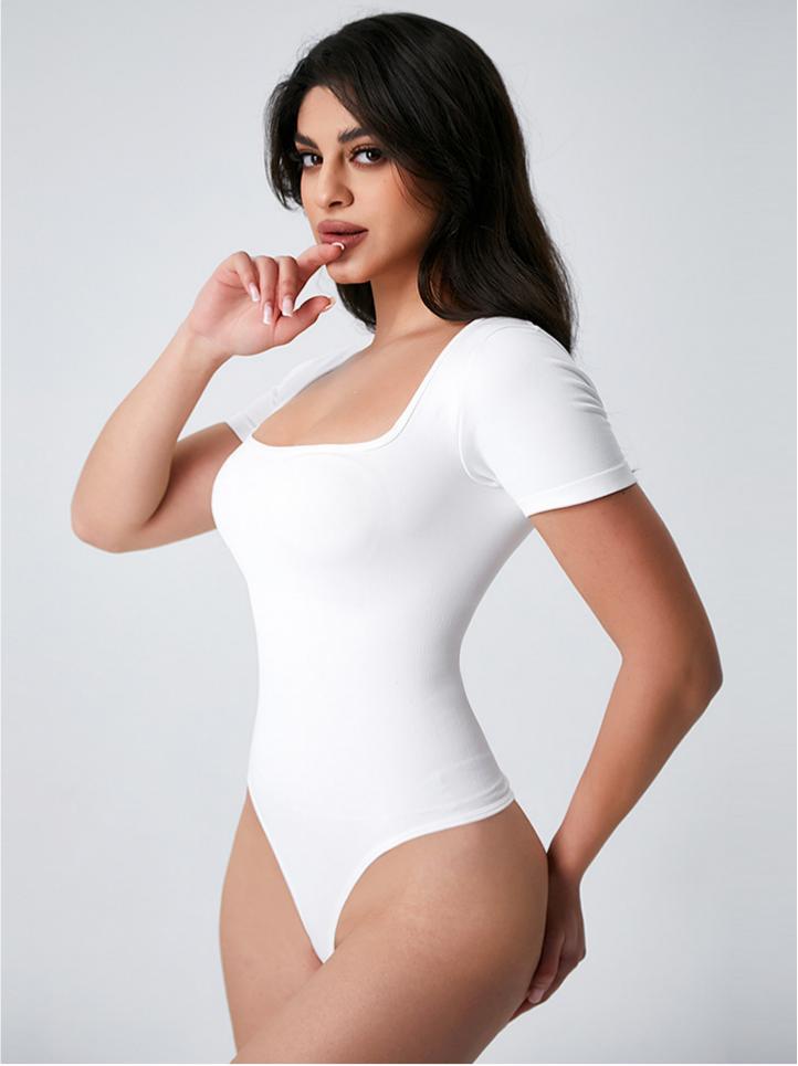 Lila Zen Square Neckline Fitted Waist Slim Fit Seamless Short Sleeve Thong Shapewear Jumpsuit for Women