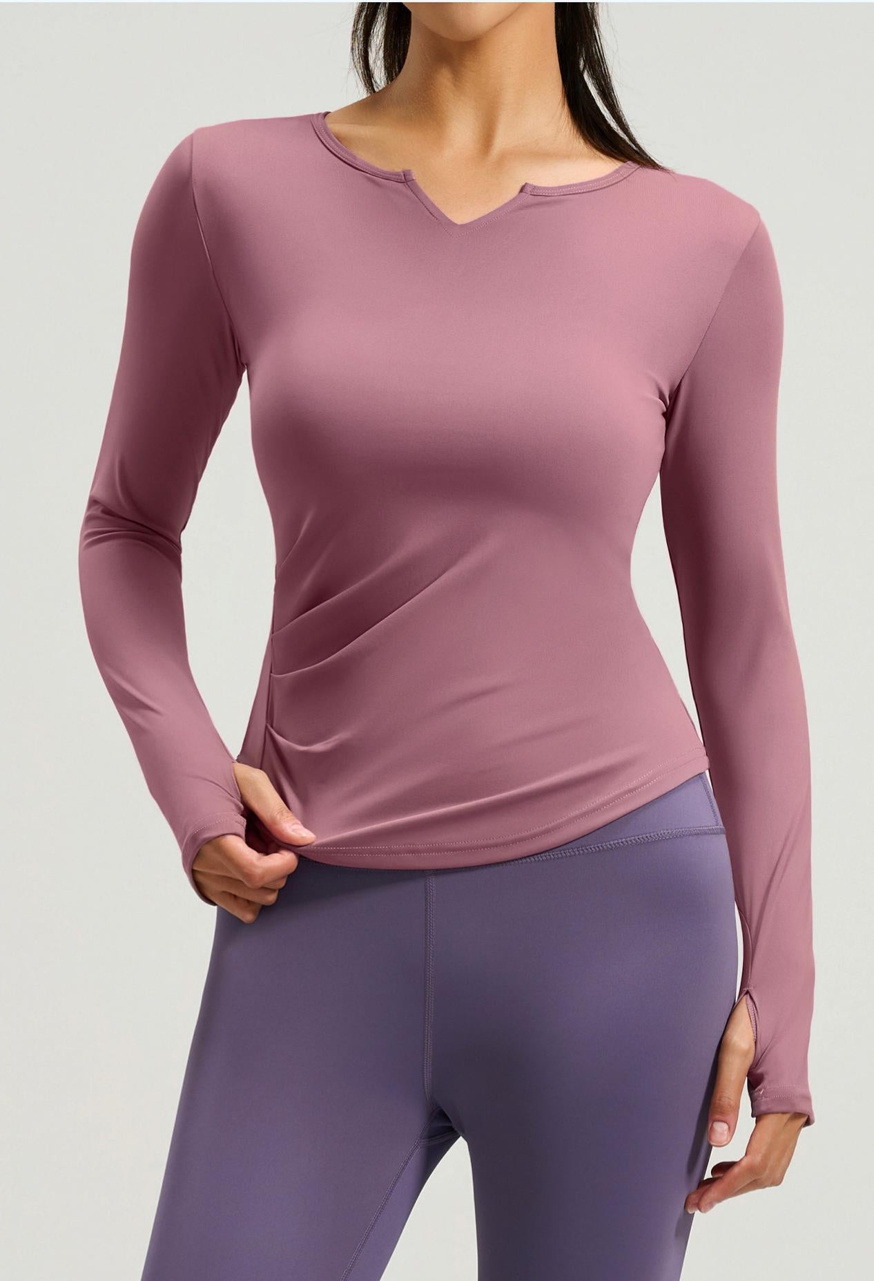 Lila Zen Nude-feel V-neck Fitted Waist Pleated Long-sleeved Yoga Wear