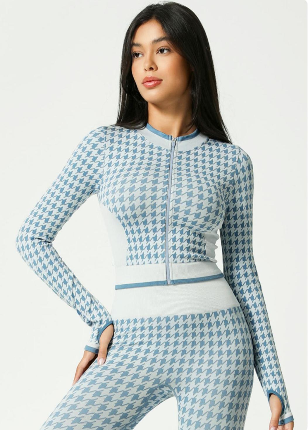 Lila Zen Seamless Houndstooth Print Zip-Up Cardigan Yoga Jacket