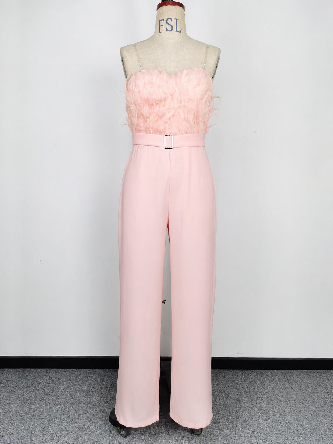 Feather Trim Sleeveless Slim Jumpsuit