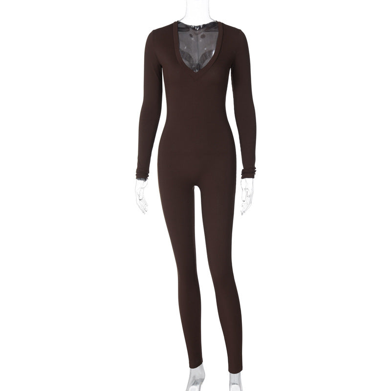 Casual Ribbed Deep V-Neck Long Sleeve Skinny Jumpsuit