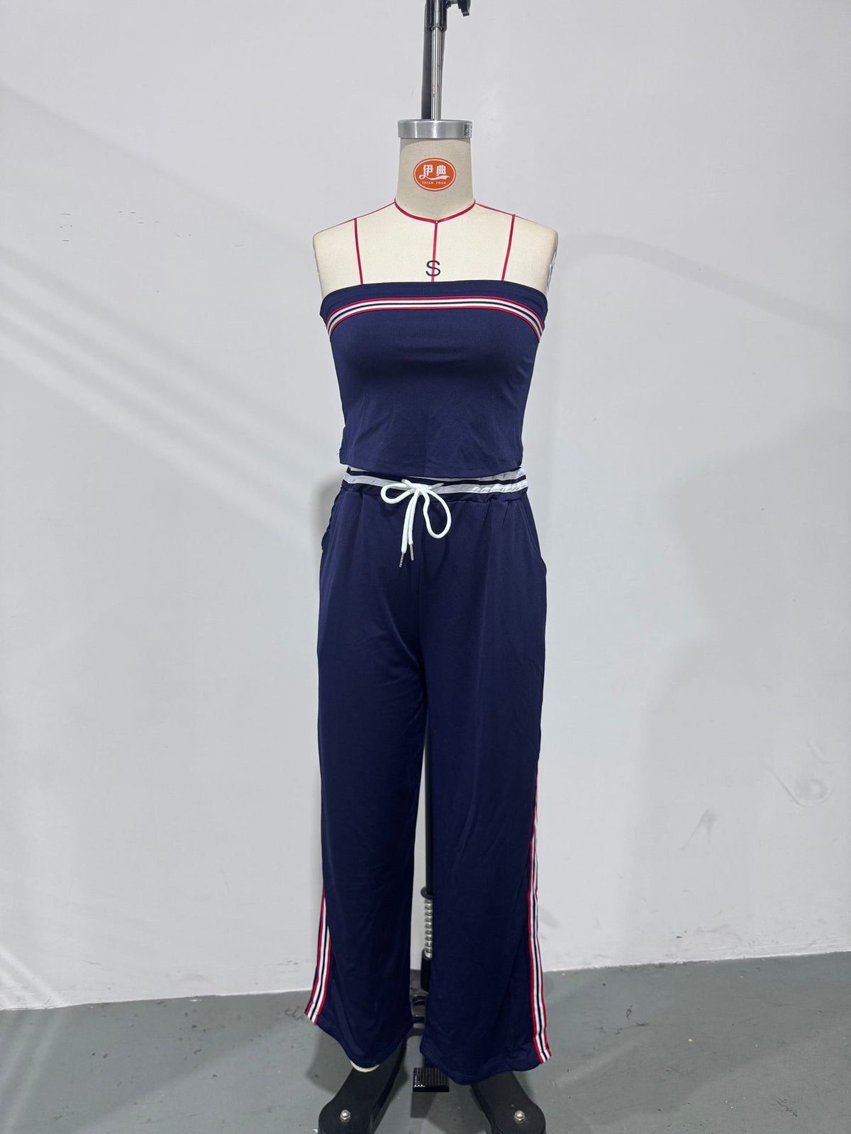 Retro-Sporty Striped-Trim Navy Cotton Off-Shoulder Jumpsuit