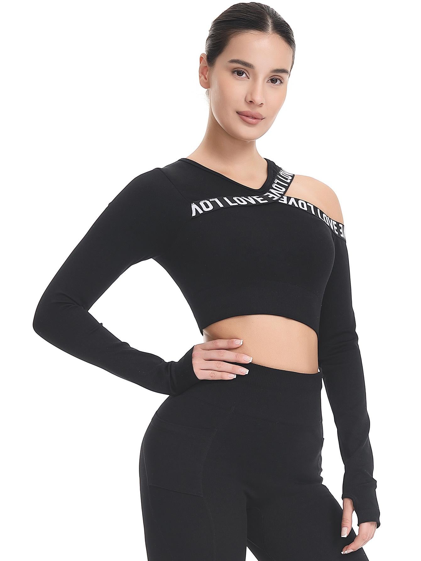 Asymmetrical Off-Shoulder Long-Sleeve Yoga Top with Letter Print