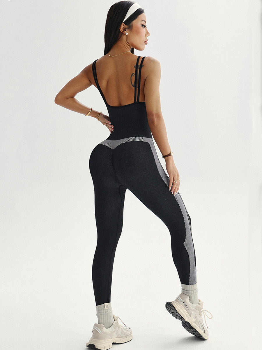 Lila Zen Women's Color-Blocked Side Striped Cutout Yoga Bodysuit with Double Shoulder Straps