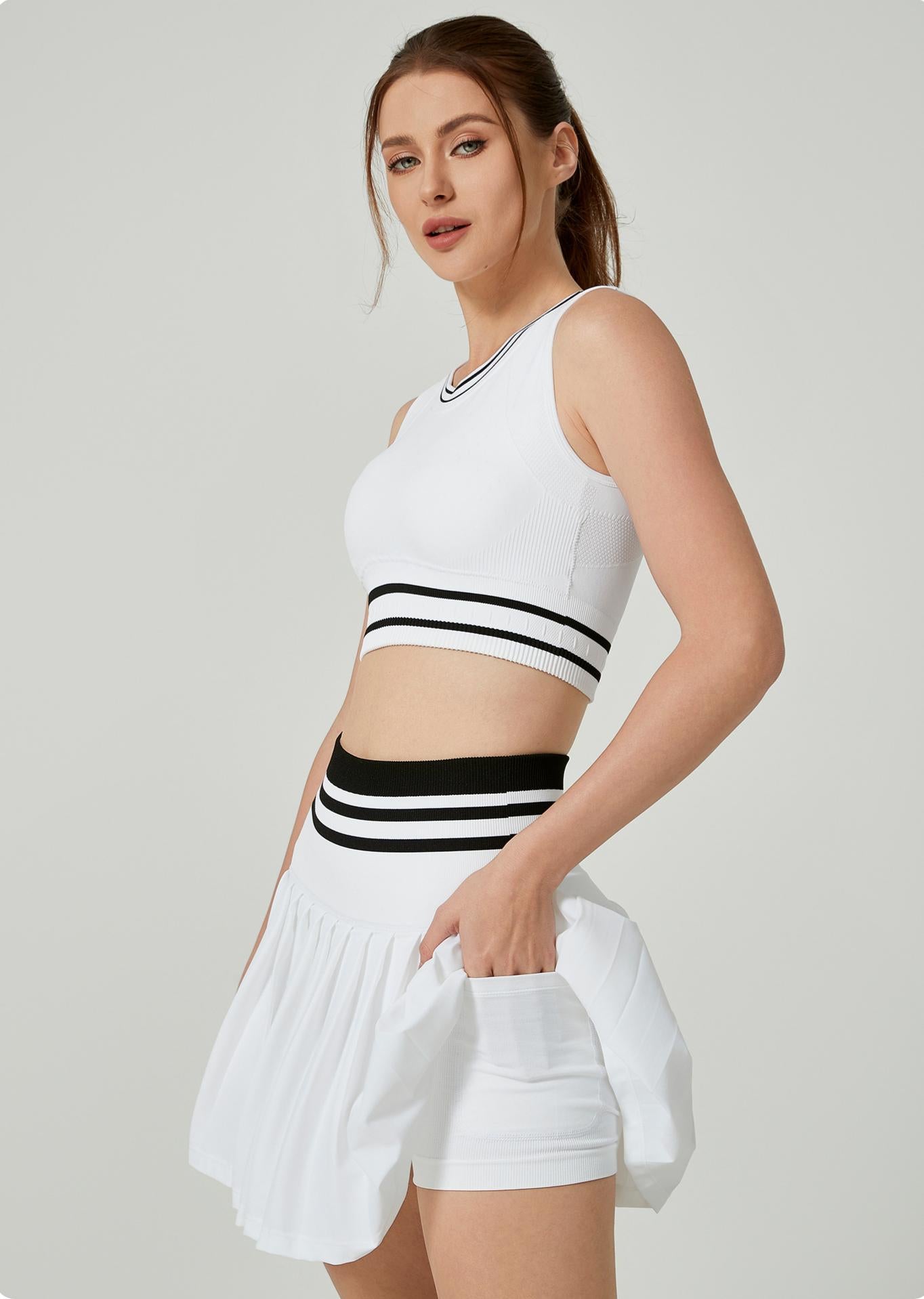 Lila Zen Cloud-like Breathable Color-Blocked Backless High-Waisted Striped Pleated Skirt Two-Piece Set