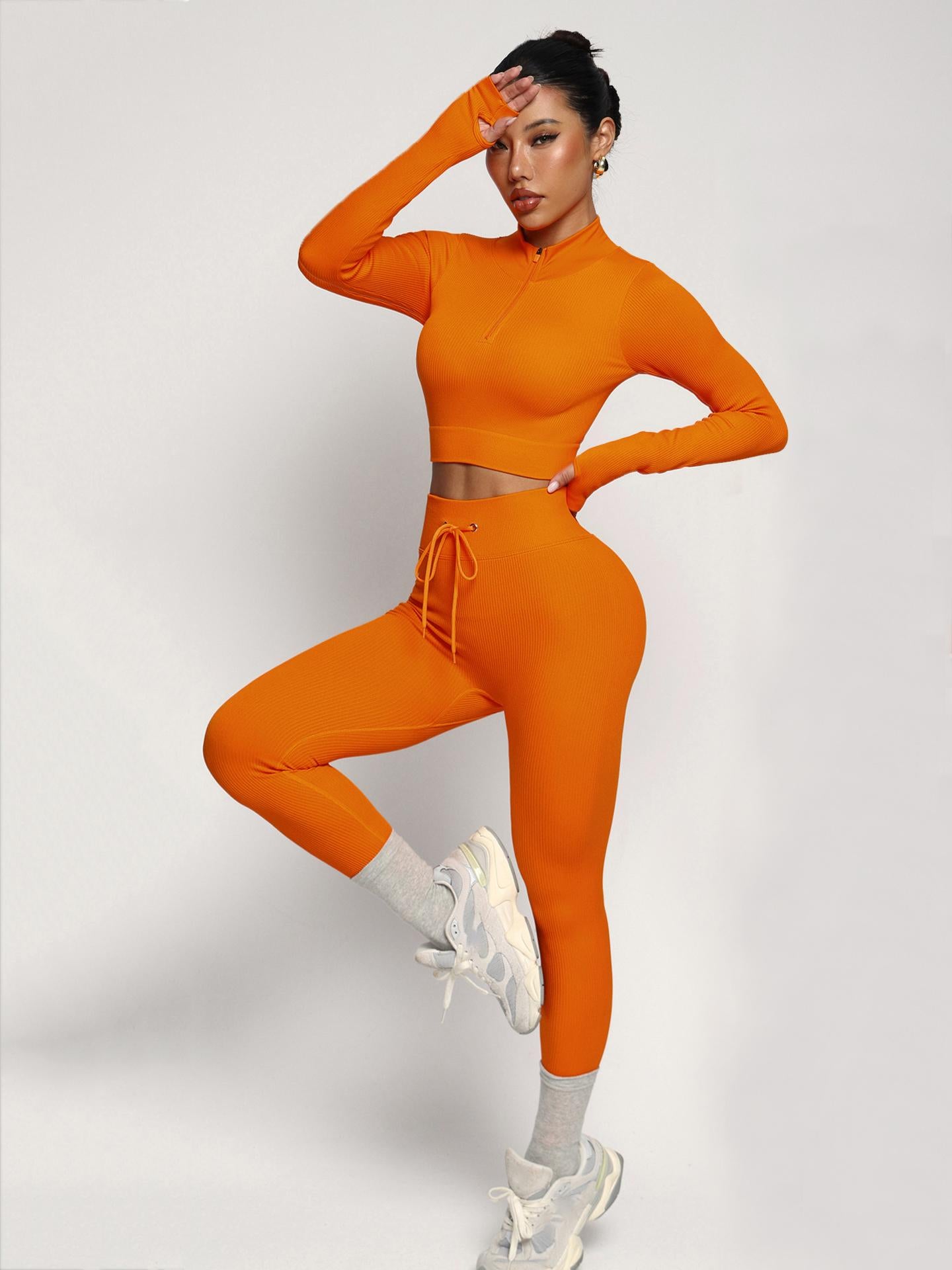 Lila Zen Adjustable Zippered Cuffs Long Sleeves High Waist Tie Waistband Shaping Fitness Yoga Workwear Set