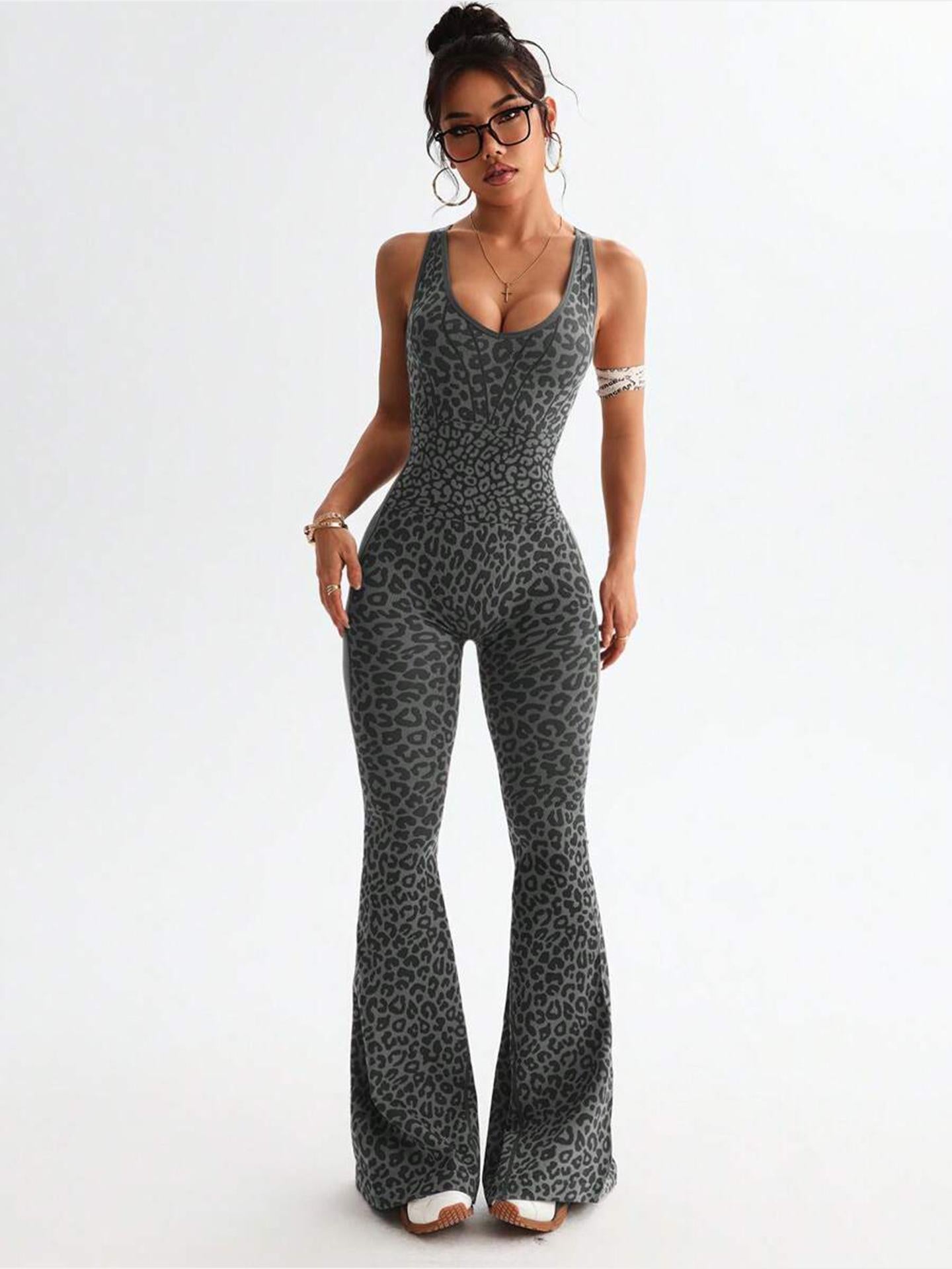 Lila Zen Leopard Print Crossback Flared Jumpsuit Yoga Pants