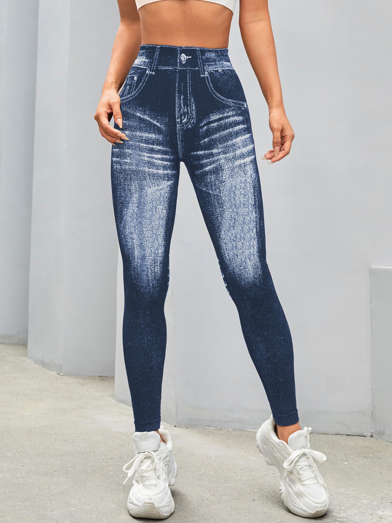 Lila Zen V Lila Zen Women's Faux Denim Seamless V-Waist Lifting and Quick-Drying Yoga Pants