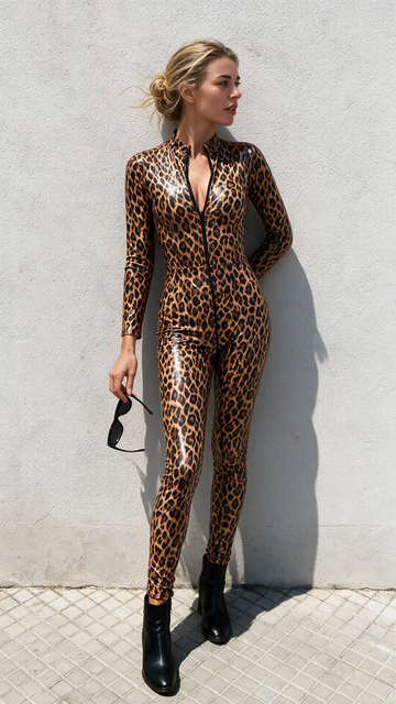 Glossy Zip-Front Stand-Collar Costume Catsuit