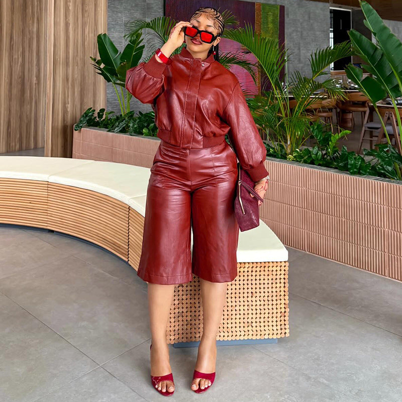 Faux Leather Zip Bomber & Bermuda Shorts Set