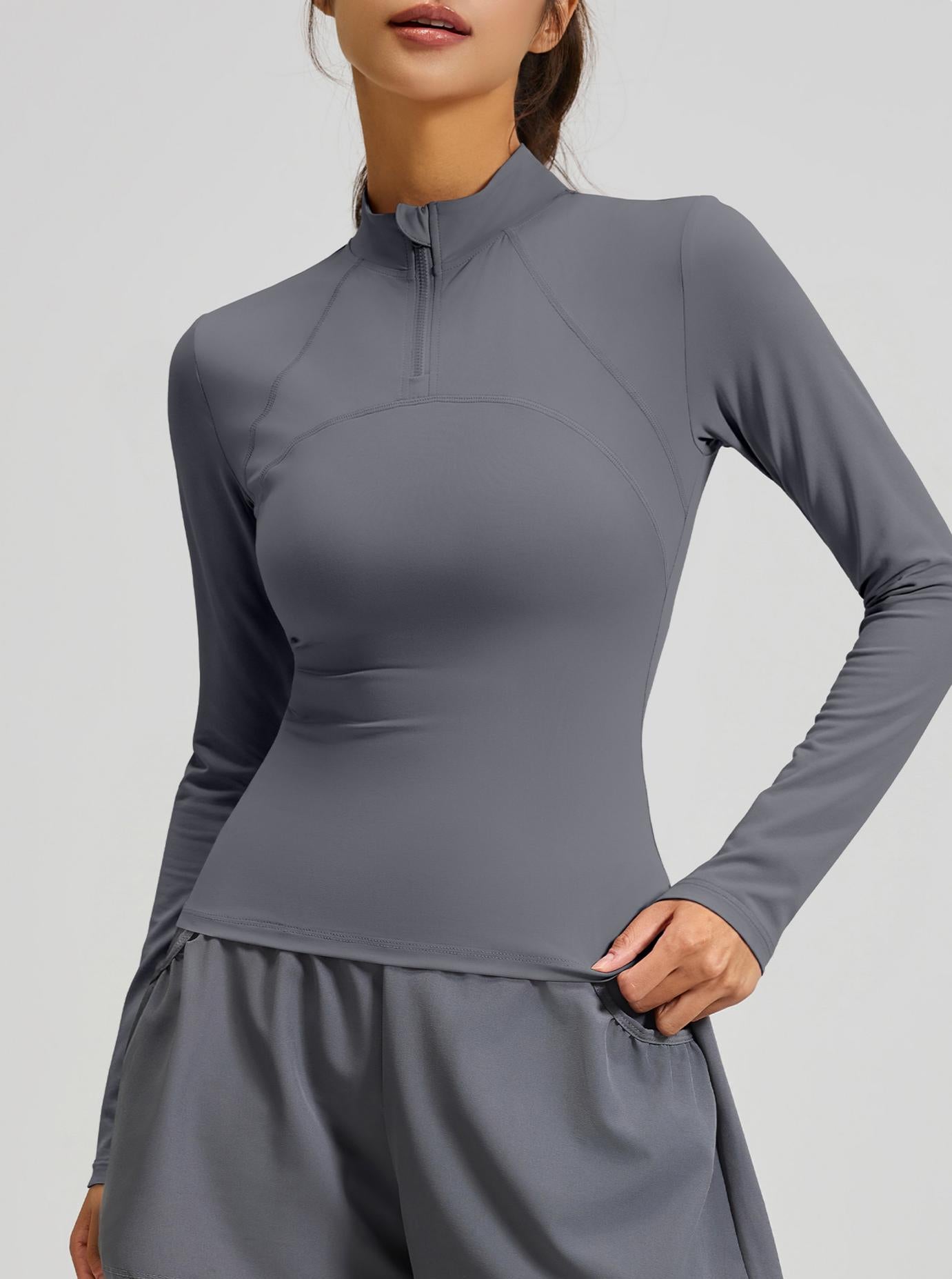 Lila Zen Women's Slim Fit Breathable Long-Sleeved Sports Yoga Wear with Half Zipper at the Neckline