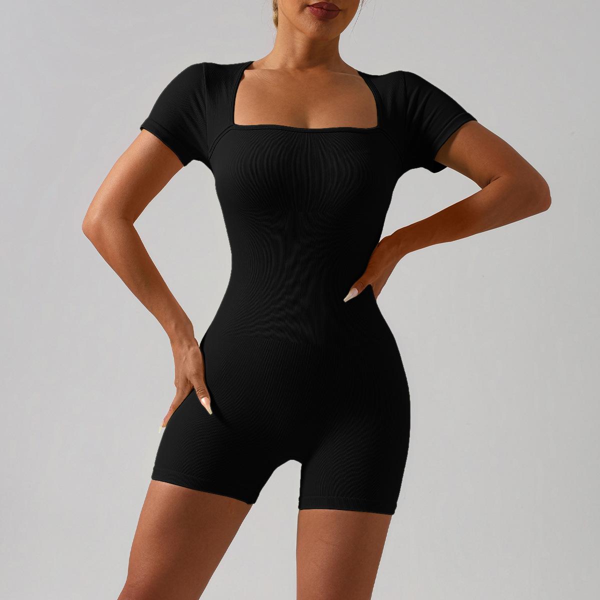 Lila Zen Square Neckline Seamless Buttock-Shaping Shorts & Short-Sleeved Yoga Bodysuit