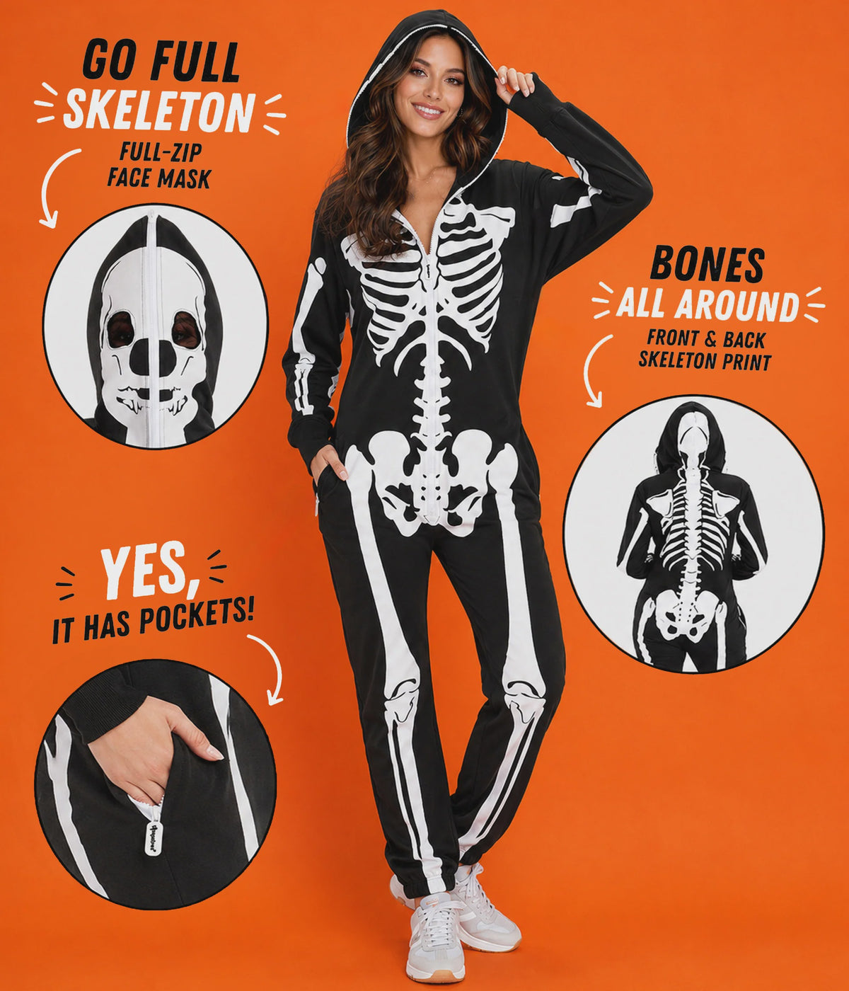 Women's Hooded Zip-Front Skeleton Costume Onesie