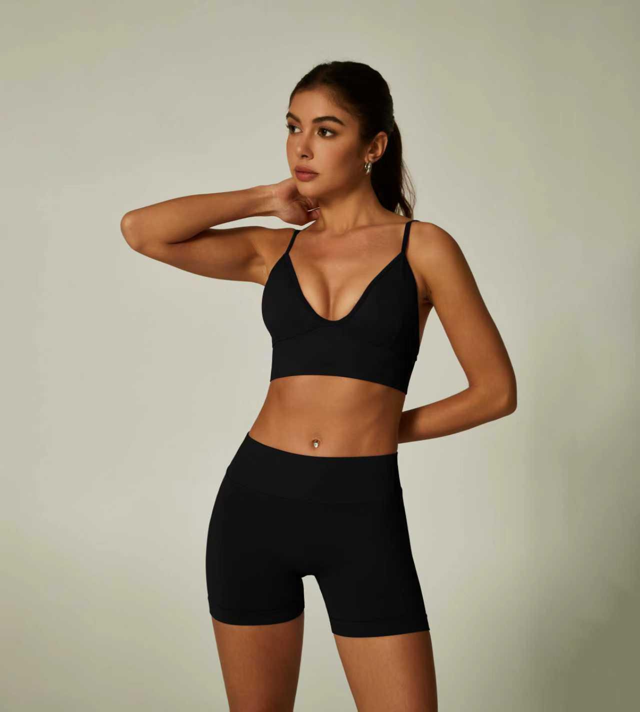 Lila Zen V Lila Zen Seamless Ribbed Sexy Deep V Sports Bra and Shorts Yoga Set