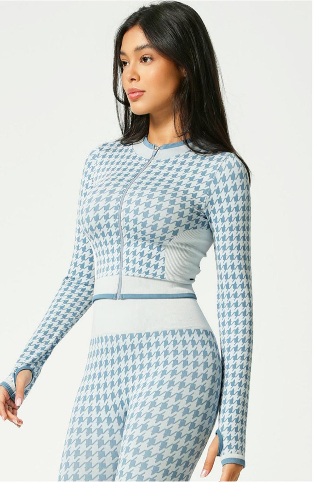 Lila Zen Seamless Houndstooth Print Zip-Up Cardigan Yoga Jacket