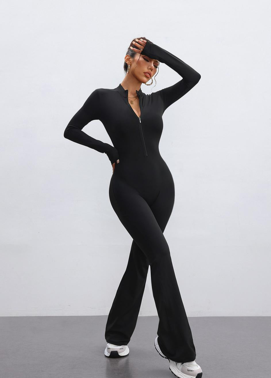 Lila Zen Stand Collar Zipper Sexy Peach Hip Tight Fitness Yoga Jumpsuit Flare Pants