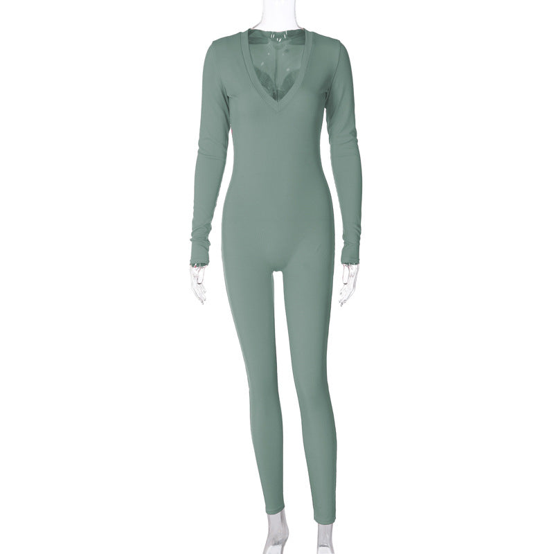 Casual Ribbed Deep V-Neck Long Sleeve Skinny Jumpsuit