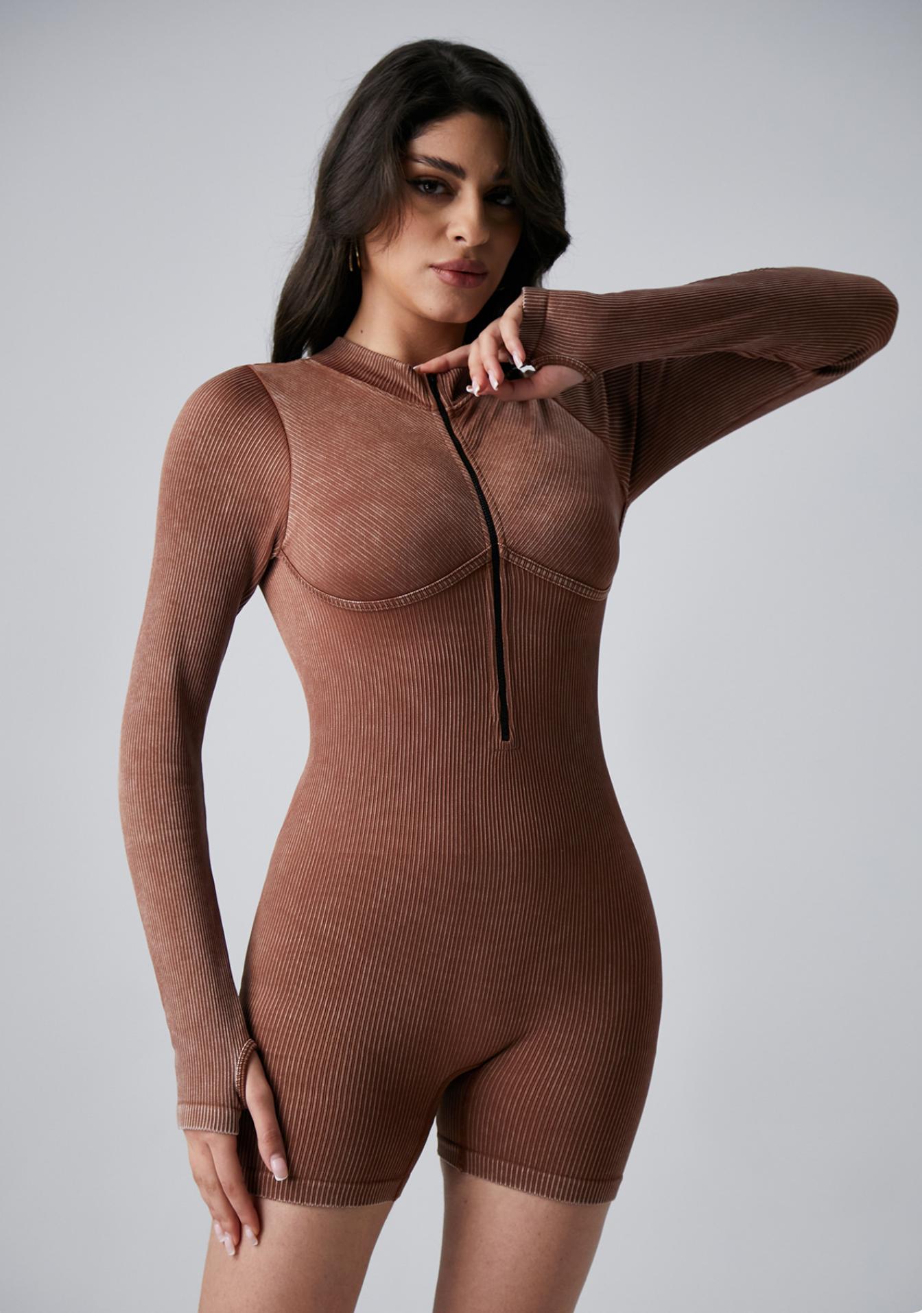 Lila Zen One-Piece Frosted Seamless Zippered Cuffs Fitted Yoga Bodysuit Long Sleeve